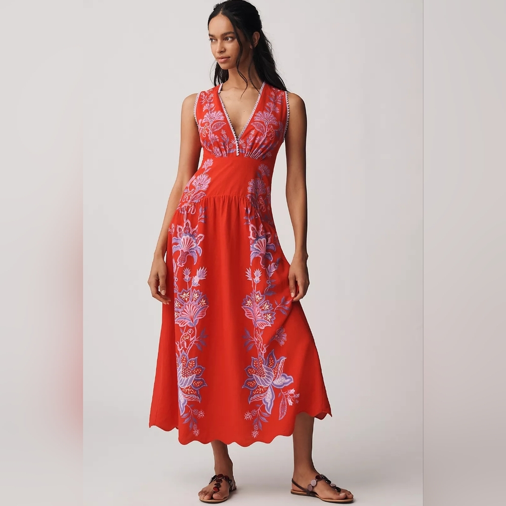 NWT Farm RIO Porcelain Garden Red Linen A-Line Midi Dress Size xs